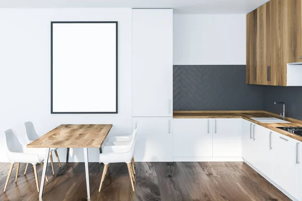 Interior Kitchen White Gray Walls Wooden Floor White Countertops Built — Stock Photo, Image