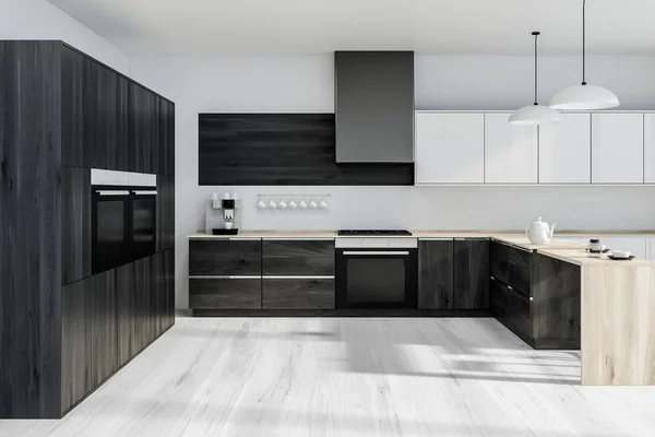 Interior Cozinha Moderna Com Paredes Brancas Piso Madeira Bancadas Armários — Fotografia de Stock