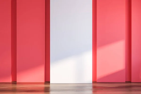 室内是空荡荡的房间 有粉红色的墙壁 白色的墙壁碎片在中心和木地板 室内设计的概念 — 图库照片