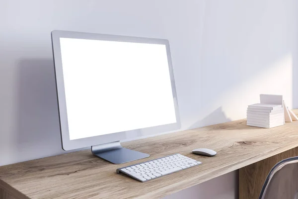 Bilgisayar Ekranını Beyaz Duvarlı Odasında Ahşap Masa Üzerinde Duran Dalga — Stok fotoğraf