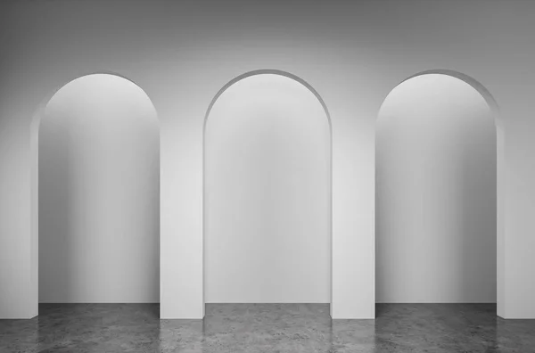 白い壁と空の部屋のインテリア それらやコンクリートの床でアーチの インテリア デザインのコンセプトです レンダリング — ストック写真