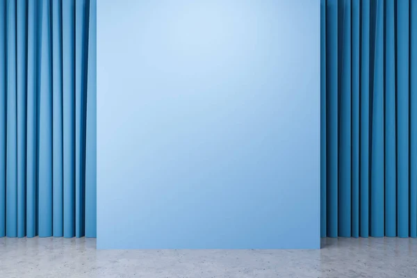 Interior of empty room with concrete floor, blue wall in the center and blue curtains around it. Concept of interior design. 3d rendering mock up