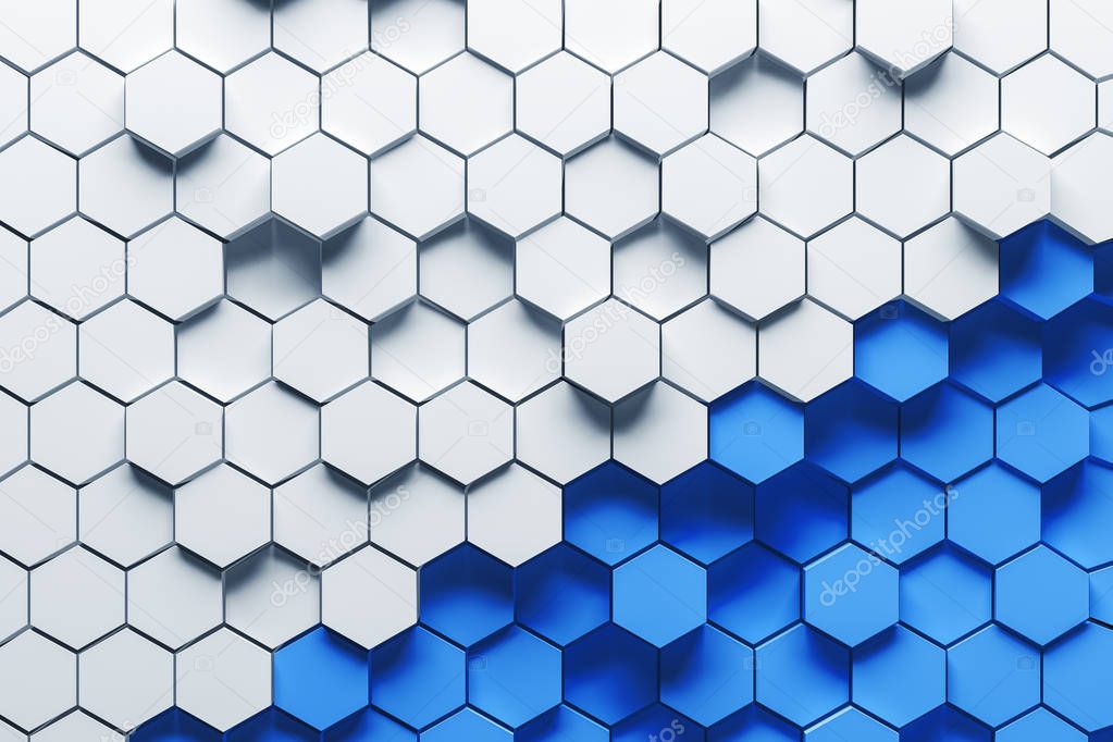 Abstract background made of white and blue hexagons of different height. Concept of creativity and art. 3d rendering