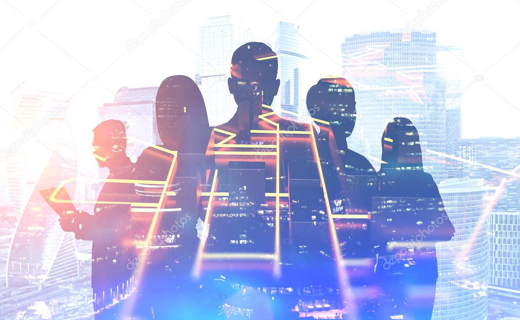 Silhouettes of manager team members over Moscow city background with double exposure of glowing city plan. Toned image