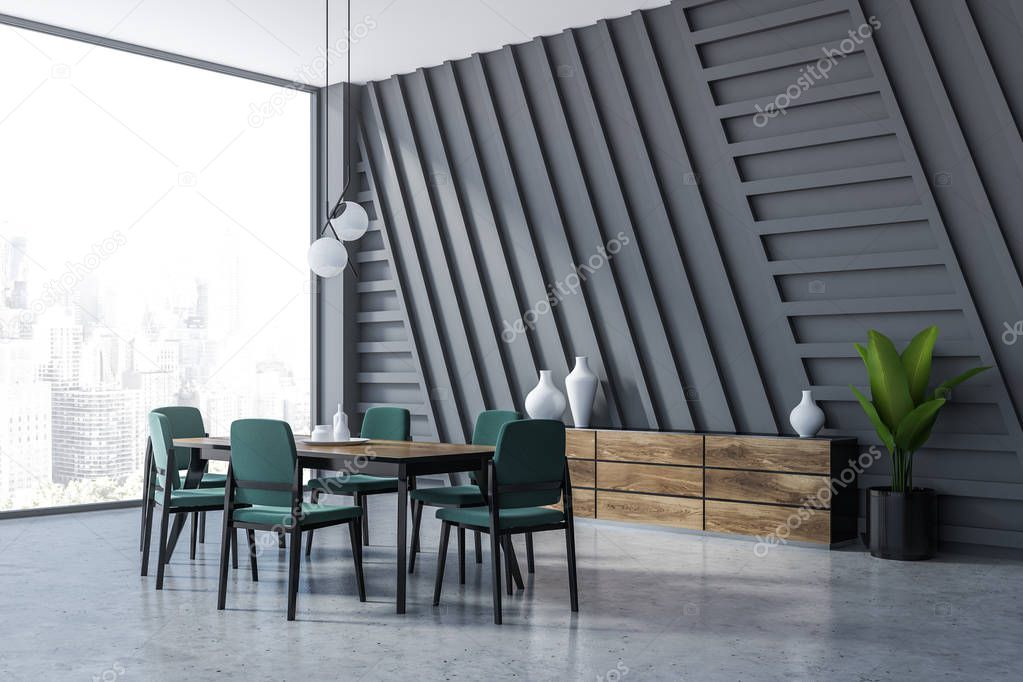 Corner of gray dining room with concrete floor, black and wooden table with green chairs and wooden closet. 3d rendering