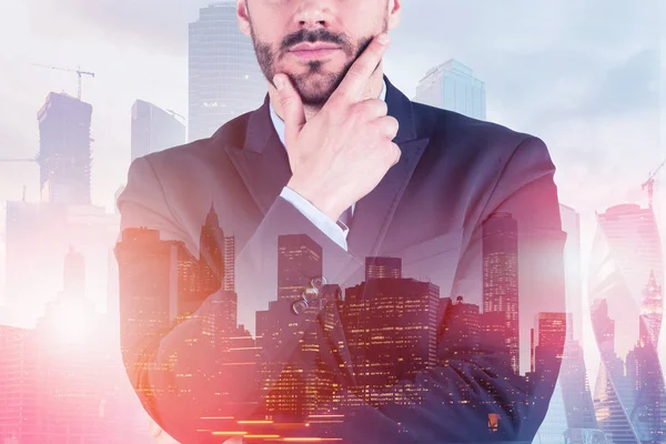 Unrecognizable Thoughtful Businessman Beard Wearing Dark Suit Standing Modern Cityscape — Stock Photo, Image