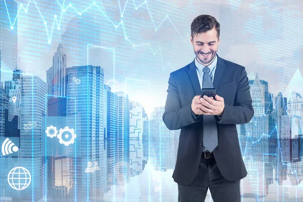 Smiling Bearded Businessman Looking His Smartphone Standing Cityscape Background Double — Stock Photo, Image
