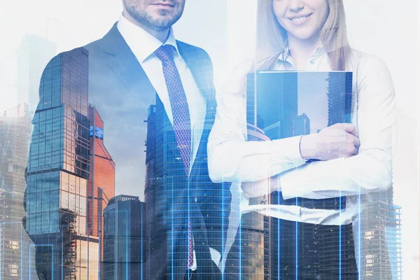 Serious Bearded Businessman Red Tie His Smiling Blonde Colleague Folder — Stock Photo, Image