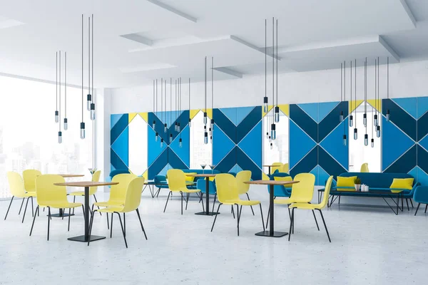 Corner of panoramic cafe with blue walls, concrete floor, blue sofas and armchairs near coffee tables and yellow chairs near square tables. 3d rendering