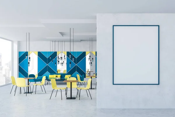 Interior of cafe with blue geometric pattern walls, blue sofa and armchairs near black table and yellow chairs near square tables. Vertical poster on the wall. 3d rendering mock up