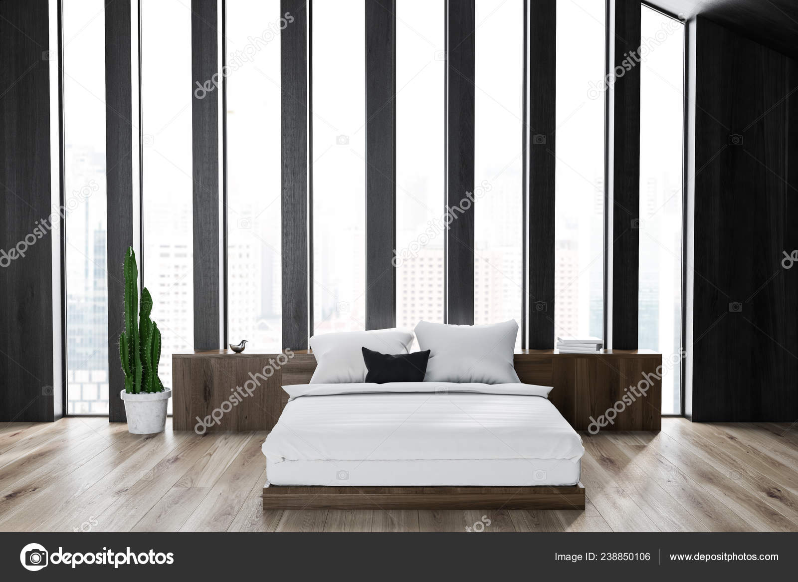 Interior Attic Bedroom Dark Wooden Walls Wooden Floor Wooden