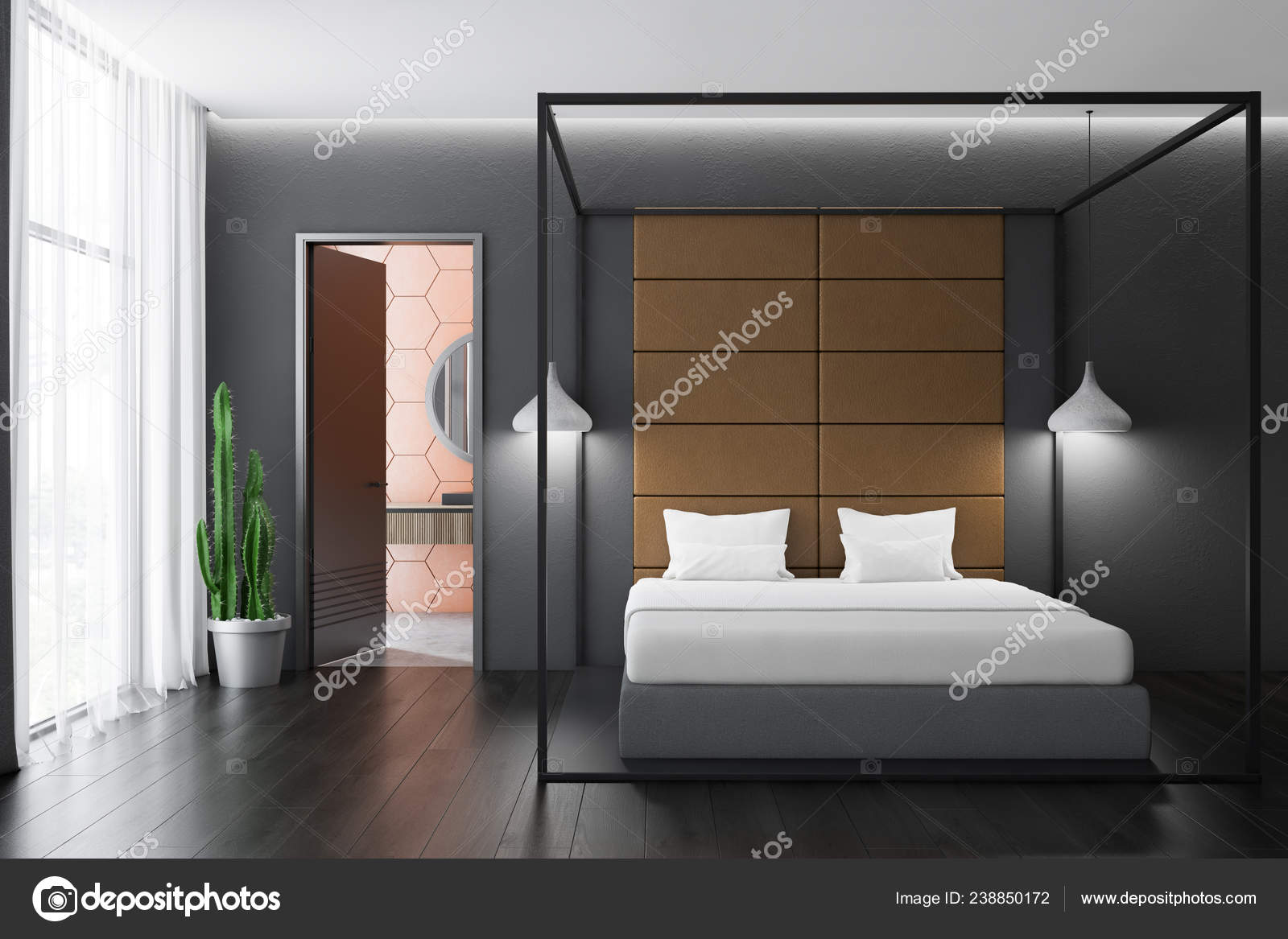 Interior Modern Bedroom Dark Gray Walls Wooden Floor Gray