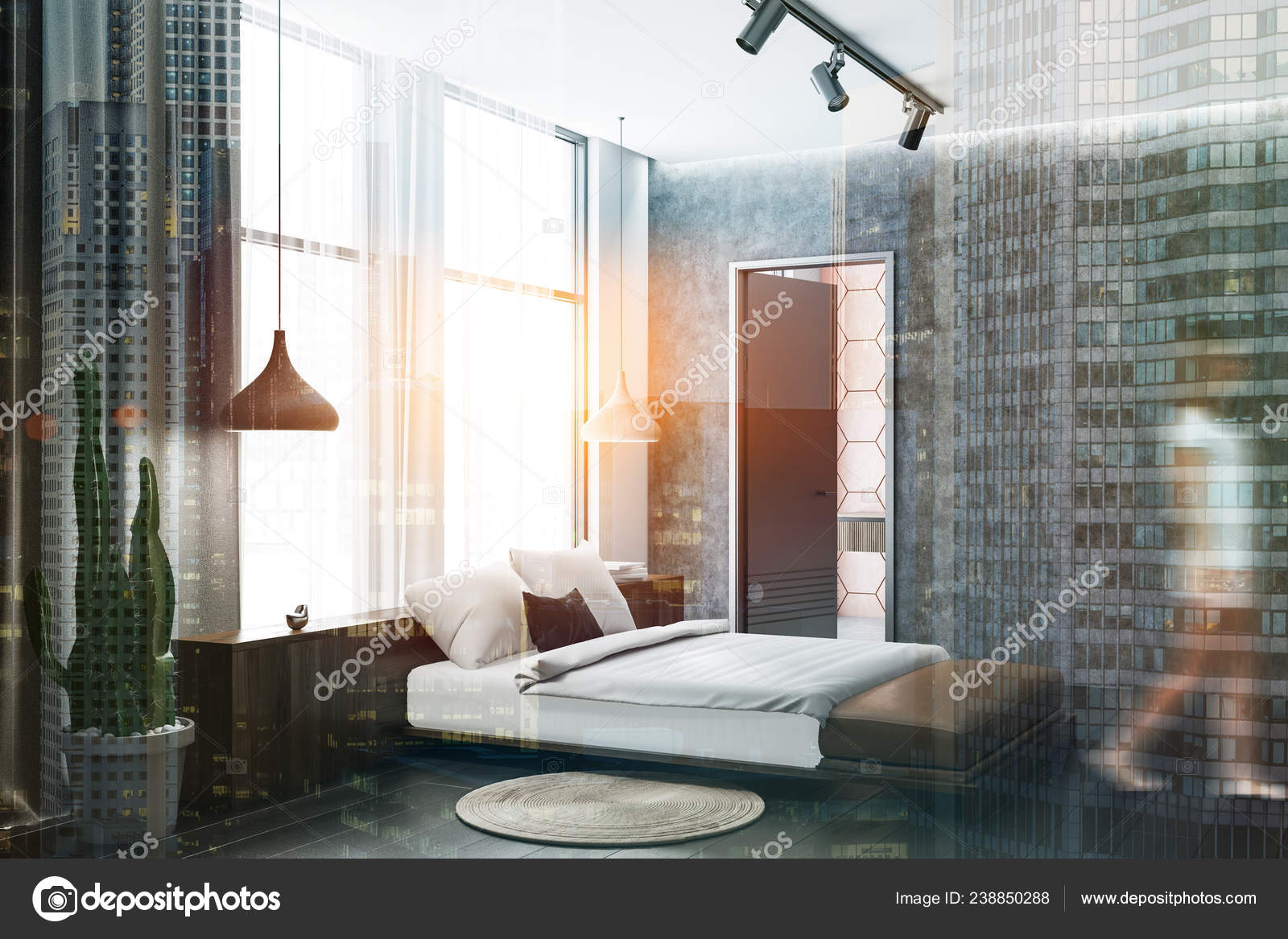 Woman Corner Bedroom Concrete White Walls Dark Wooden Floor