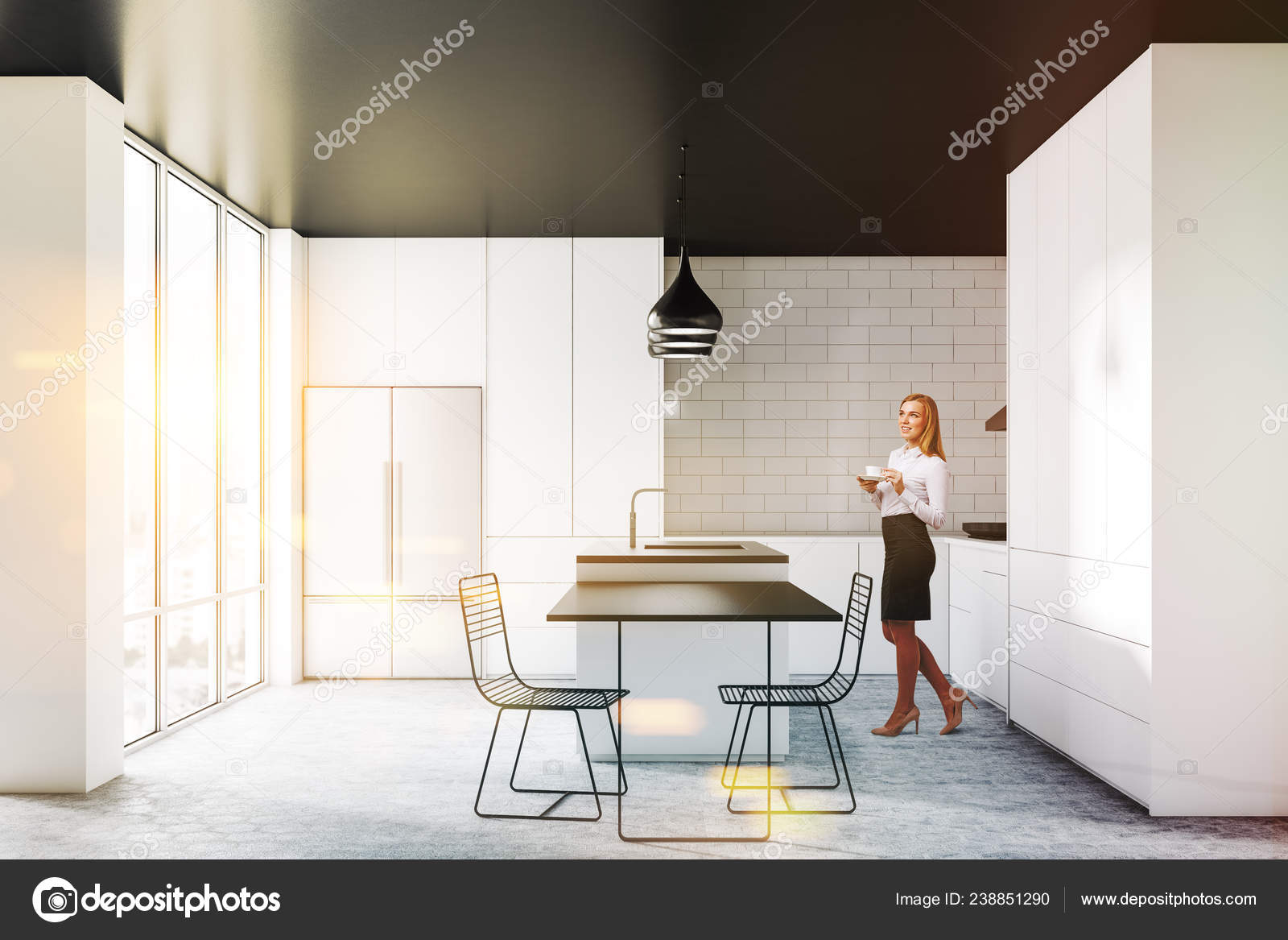 Woman Interior Modern Kitchen White Brick Walls Concrete