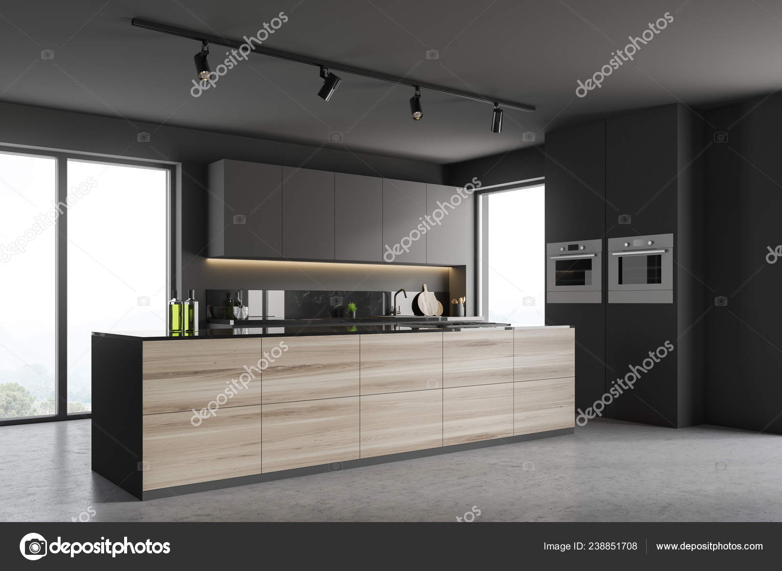 Corner Modern Kitchen Gray Walls Concrete Floor Gray