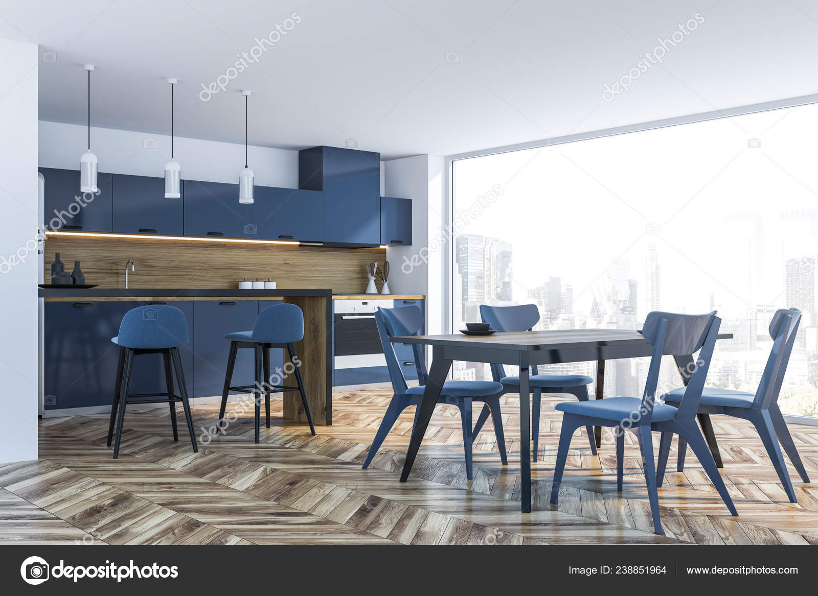Interior Panoramic Kitchen White Walls Wooden Floor Blue