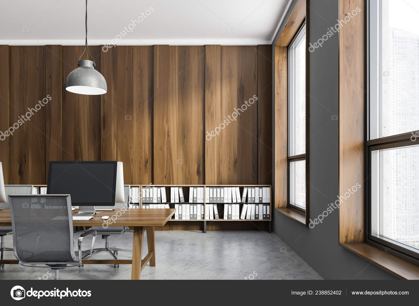 Interior Local Trabalho Escritório Com Paredes Escuras Madeira Cinza Piso —  Foto © denisismagilov #238852402, image size:1600x1167