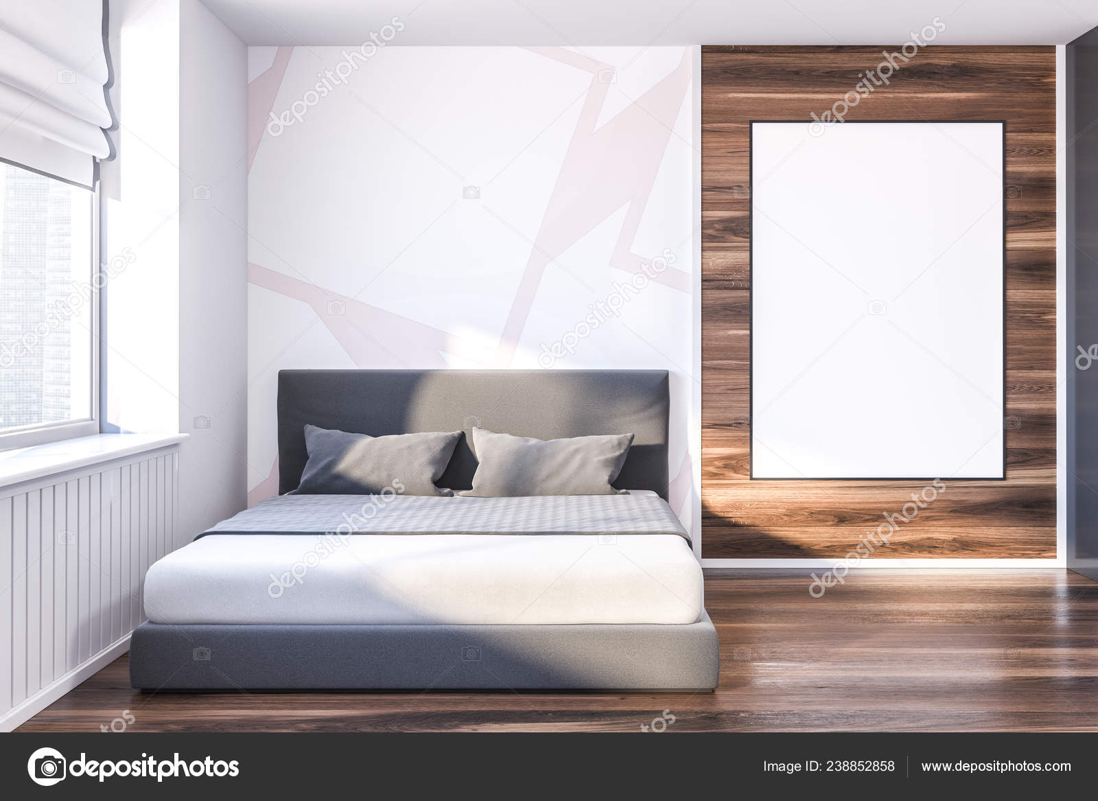 Interior White Pink Wooden Bedroom Dark Wooden Floor Gray