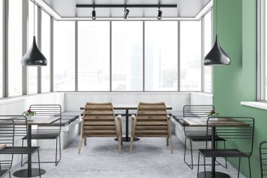 Yeşil ve beyaz ahşap duvarlar, petek desen kat, metal sandalyeler, ahşap koltuk ve gri banklar ile ahşap masa ile modern café iç. 3D render