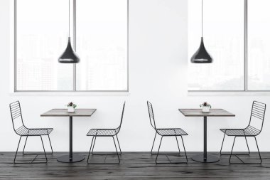 Beyaz duvarlar, ahşap zemin, büyük pencereler ve metal sandalye ve orijinal tavan lambaları ile küçük kare masalar ile minimalist kafe iç. 3d render