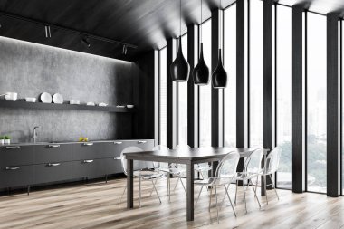 Koyu ahşap ve gri duvarlar, ahşap zemin, lavabo ve şeffaf sandalye ile ahşap yemek masası inşa gri tezgahı ile tavan mutfak Köşesi. 3d render