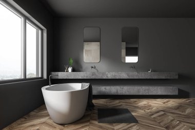 Gri duvarlar, ahşap zemin, geniş pencere, beyaz küvet ve dikey aynalar ile gri taş çift lavabo banyo yan görünüm. 3D render