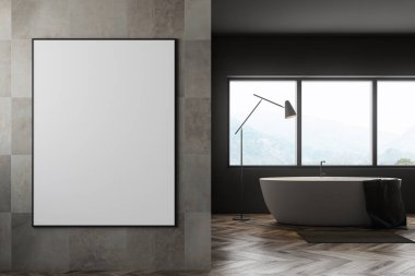 Gri ve bej taş duvarlar, ahşap zemin, geniş pencere ve dikey afiş altında ayakta beyaz küvet ile şık banyo iç. 3D render alay