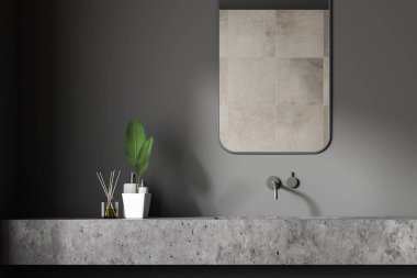 Banyo lavabo üstündeki gri duvarlar ile odada ayakta dikey ayna ile gri taştan yapılmış kapatın. 3D render