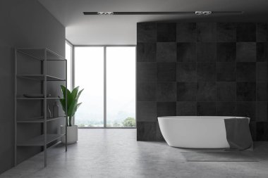 Gri ve siyah taş duvarlar, beton zemin, geniş pencere, gri havluda küvet ve şampuan ile gri raflar loft banyo iç. 3D render