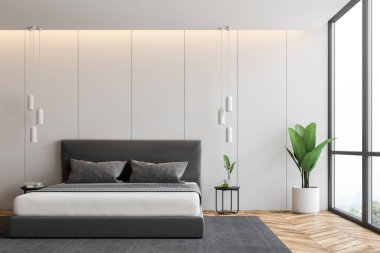 Beyaz duvarları, ahşap zemin, gri halı gri karyola ayakta ve Saksı bitki ile panoramik yatak odası iç. 3D render