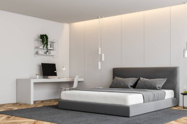 Köşesinde beyaz duvarlar, ahşap zemin, gri karyola ile modern yatak odası halı ve beyaz bilgisayar tablo. 3D render