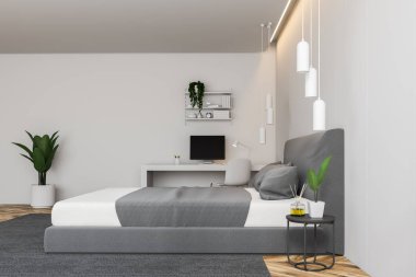 Halı ve beyaz bilgisayar masada beyaz duvarlar, ahşap zemin, gri karyola ile modern yatak odası yan görünüm. 3D render