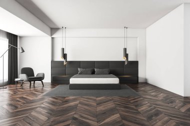 Beyaz duvarları, ahşap zemin, halı ve gri koltukta duran gri yatak yatak odası iç. 3D render