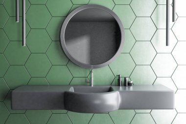 Orijinal gri Lavabonun üstündeki modern banyo iç yeşil petek desen duvarlı duran yuvarlak ayna ile. 3D render