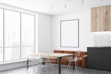 Beyaz duvarları, kiremitli kat, gri mutfak tezgahı ve ahşap dolap, modern mutfak köşe kahverengi kanepe ve şeffaf sandalyeler ve dikey poster ile ahşap masa. 3D render alay