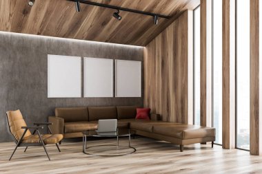 Gri ve ahşap duvarlar, ahşap zemin, bej deri kanepe ve koltuk sehpa ve duvardaki poster Galeri ile tavan arası salon iç. 3D render alay