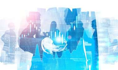 Forex grafiği ile cityscape arka plan üzerinde duran ekibinin çift pozlama ile akıllı telefon ile yöneticisi siluet. Borsa konsepti. Tonlu görüntü