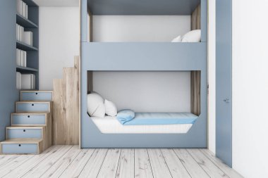 Beyaz duvarlar, ahşap zemin, gri ve ahşap ranza ve gri kitaplık ile genç yatak odası Iç. 3d render
