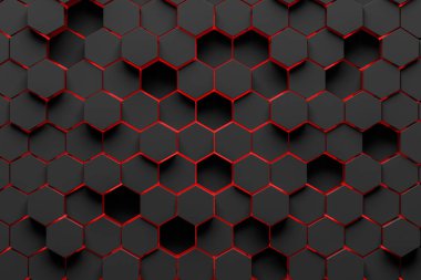 Abstract background made of black hexagons of different height with red edges. Concept of creativity and art. 3d rendering