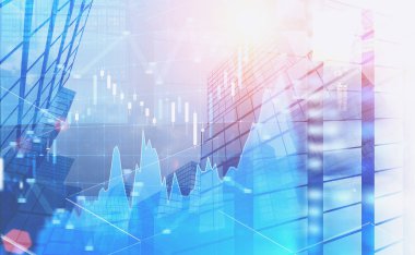 Mavi forex grafik arabirim üzerinden gökdelenler arka plan. Borsa ve ticaret kavramı. 3D render resim çift pozlama tonda