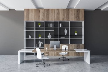 Interior of manager office with gray walls, concrete floor, white and wooden computer table with white chairs and bookcase with vases. 3d rendering