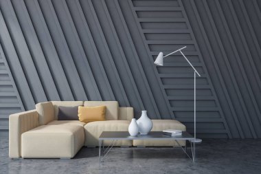 Gri duvarlar, beton zemin ve bej kanepe yastıkları siyah kahve masanın ayakta ile oturma odası iç. 3D render