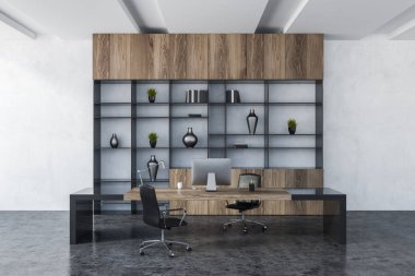 Interior of manager office with white walls, gray floor, gray and wooden computer table with black chairs and bookcase with vases. 3d rendering