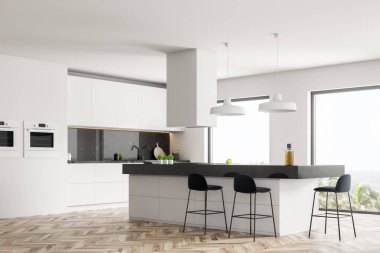 Beyaz mutfak ahşap zemin, çatı windows tropik manzaralı ve beyaz ve gri Adası ile köşesinde Ocak ve siyah dışkı içinde inşa. 3D render