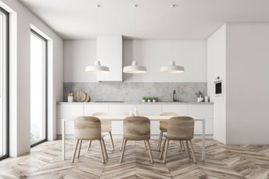 Interior of modern kitchen with white walls, wooden floor, white countertops with sink and oven and table with wooden chairs. 3d rendering