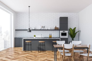Mutfak beyaz tuğla duvarlar, ahşap zemin, panoramik penceresi, gri ve mermer mutfak tezgahı ve bar tabureleri ile iç. Ahşap masa sandalye ile. 3D render