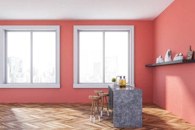 Pembe duvarlar, ahşap zemin, şehir manzarası ile pencere, tabureler ve tabak ve tabaklar ile raf ile gri bar ile minimalist mutfak yan görünümü. 3d render