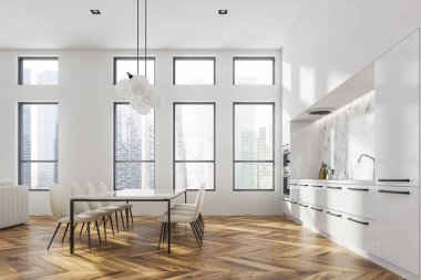 Beyaz ve beyaz mermer duvarlar, ahşap zemin, iki sobaya sahip beyaz tezgah ve sandalyeli beyaz masa ile modern mutfağın yan görünümü. 3d render