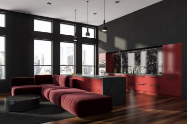 Corner of kitchen and dining room with gray walls, wooden floor, red countertops, gray and red island and red sofa near round coffee table. 3d rendering