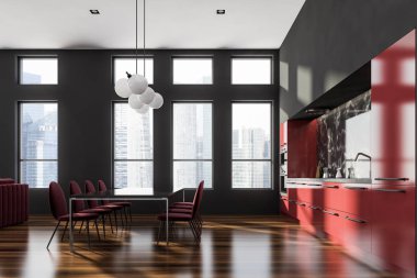 Siyah ve siyah mermer duvarlar, ahşap zemin, iki soba ile kırmızı mutfak tezgahı ve siyah masa sandalye ile modern mutfak yan görünüm. 3D render